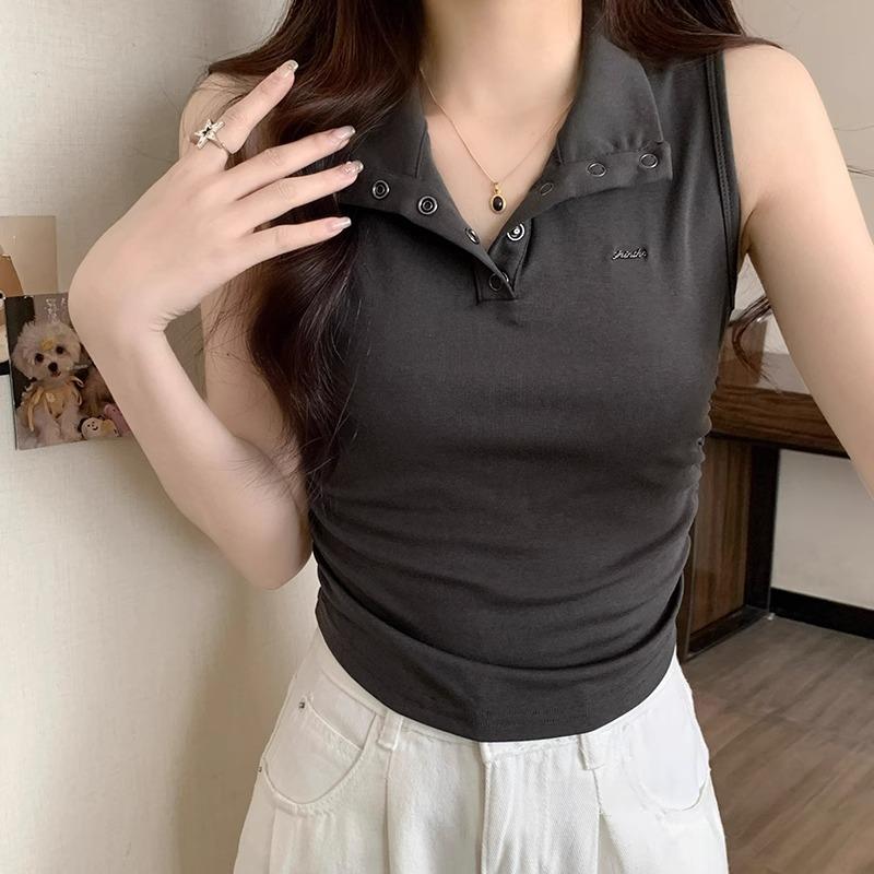 Polo Shirt Lapel Camisole Women's Spring and Summer New Pure Lust Hot Girl Pleated Sleeveless Waistcoat Tight Inner Top