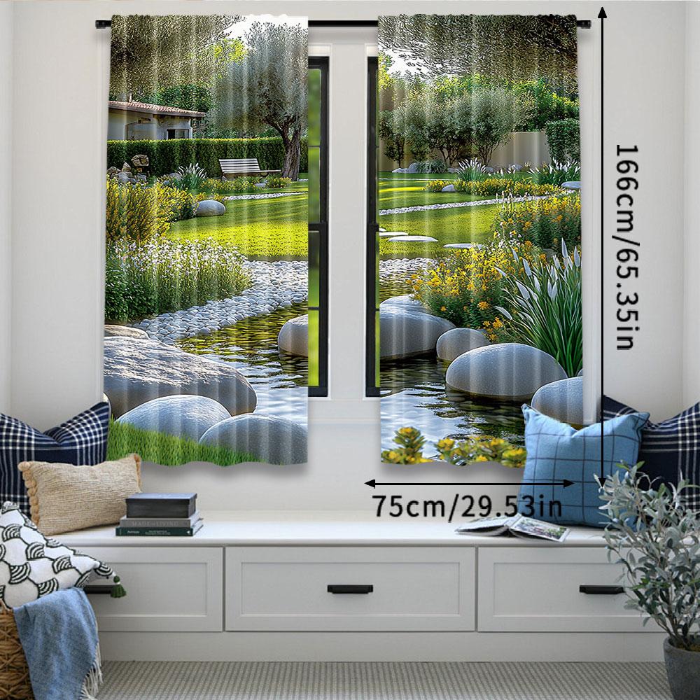 2 Stück Gartenvorhänge Japanischer Parkstil Erholungsblick mit Teich Gras Steinen und Bäumen Landschaft für Schlafzimmer Badezimmer