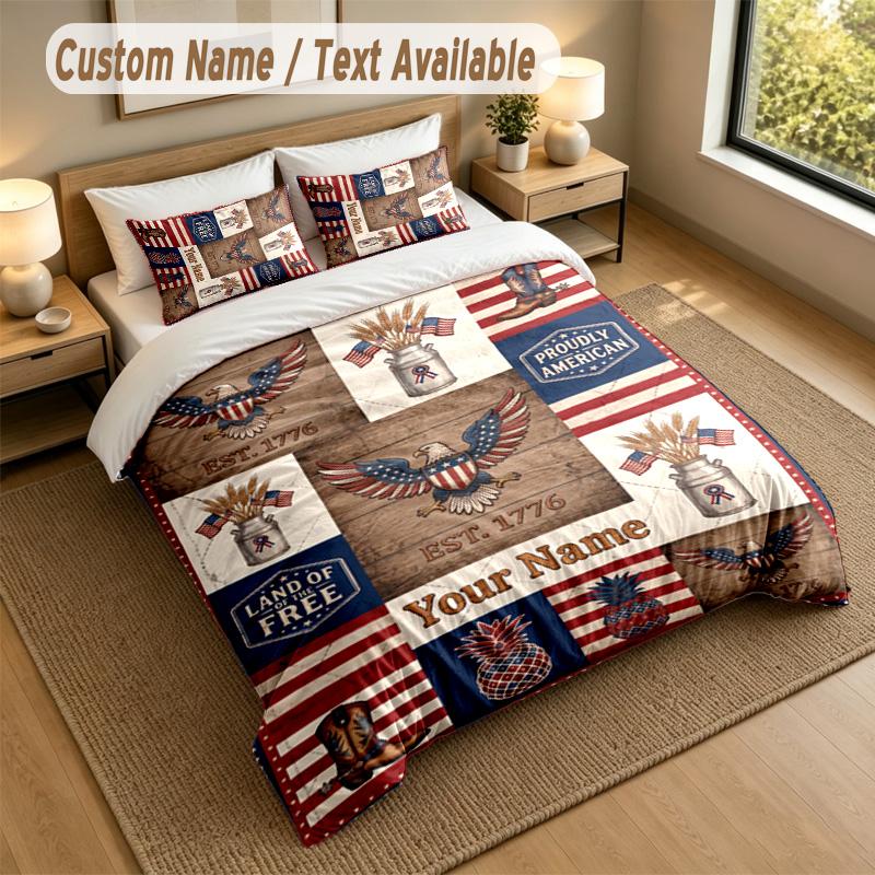 American Patriotic Theme Personalized 3Pcs Bedding Set Custom Text & Name 1 Sheet 2 Pillowcases Household Bedding 1pc