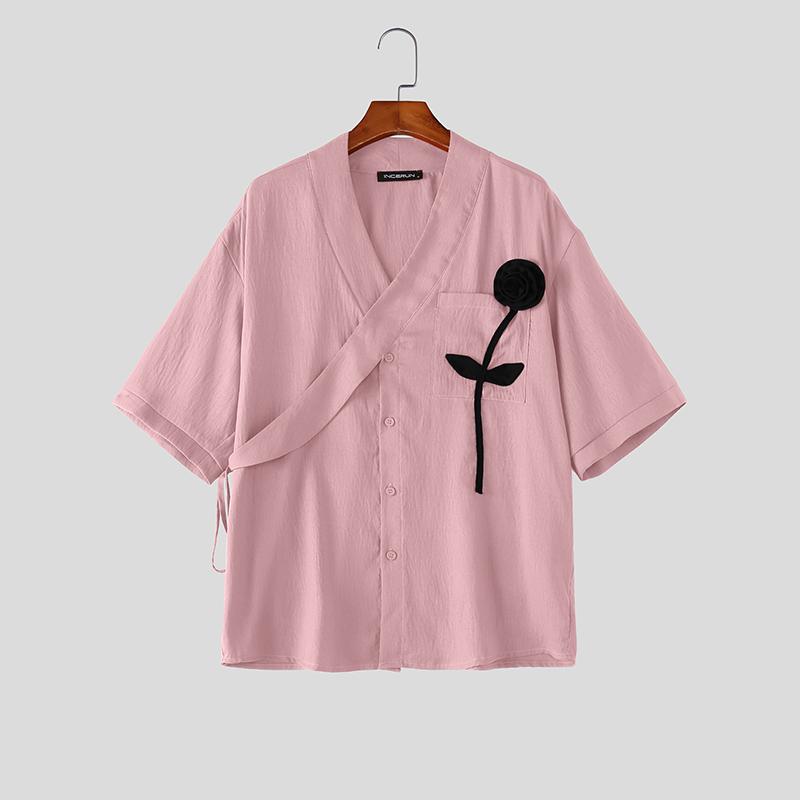 INCERUN Summer Men V Neck Short Sleeve Buttons Up Flower Loose Casual Shirts S