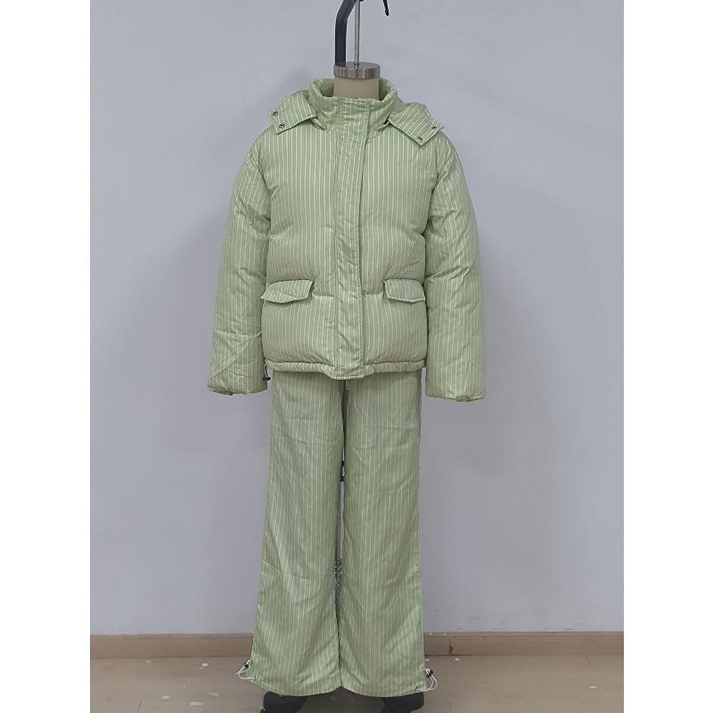 Casual Print Women Coats Pants Set Thicken Hooded Zippers Lace Up Coat Wide Leg Trousers Winter Lady Streetwear