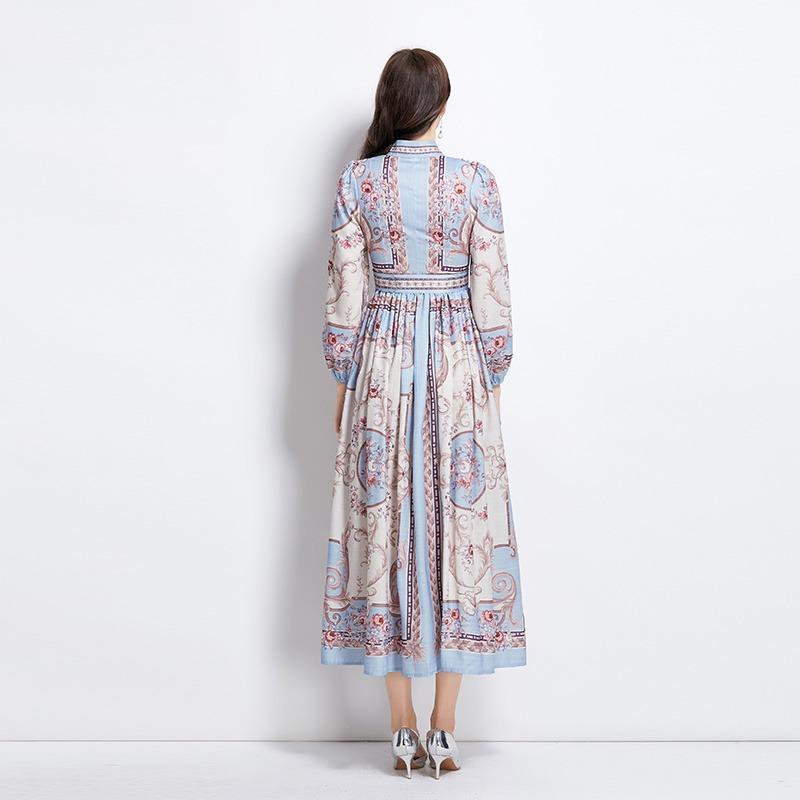 Summer Autumn Women Vintage Print Designer Runway Dress Stand Collar Single Breasted Long Maxi Holiday Party Dresses with Belt