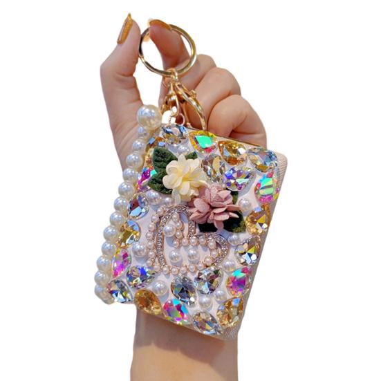 Rhinestone Mirror Keychain Bling Folding Keyring Pendant Beaded Makeup Mirror Wristlet Bag Charm for Car Keys белый