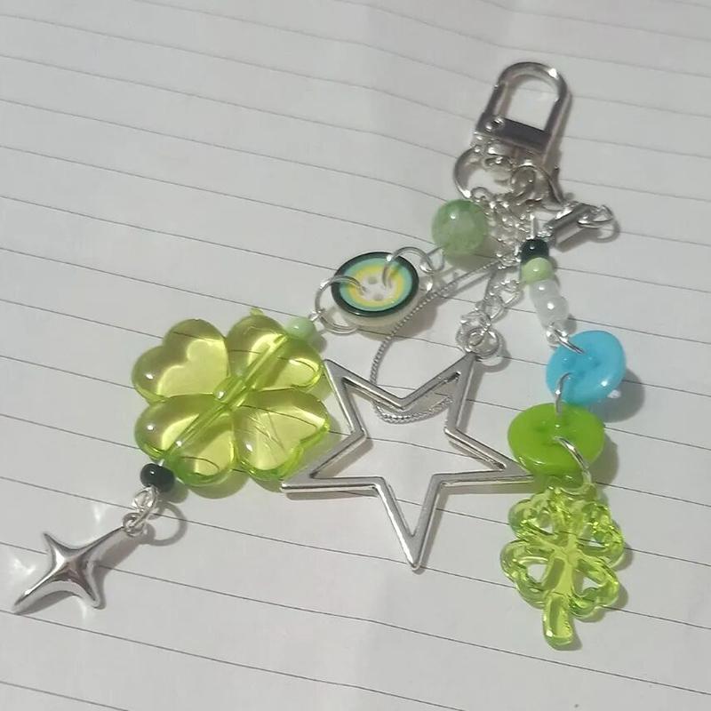 Anime Green Four Leaf Clover Cosplay Keychain Keyring Phone Chain Key Chain Star Colorful Button Pendant Jewelry Accessory Props
