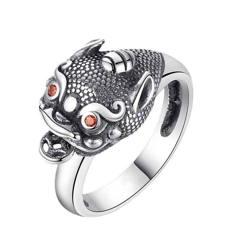Adjustable Open Ring With Pixiu Fortune Beast Motif Sterling Unisex Vintage Style Finger