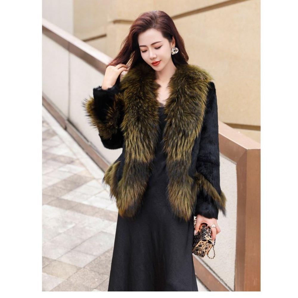 Fur Mid-length Whole Leather Rabbit Fur Coat White Goose Down Lining Raccoon Fur Collar New Autumn and Winter Coat