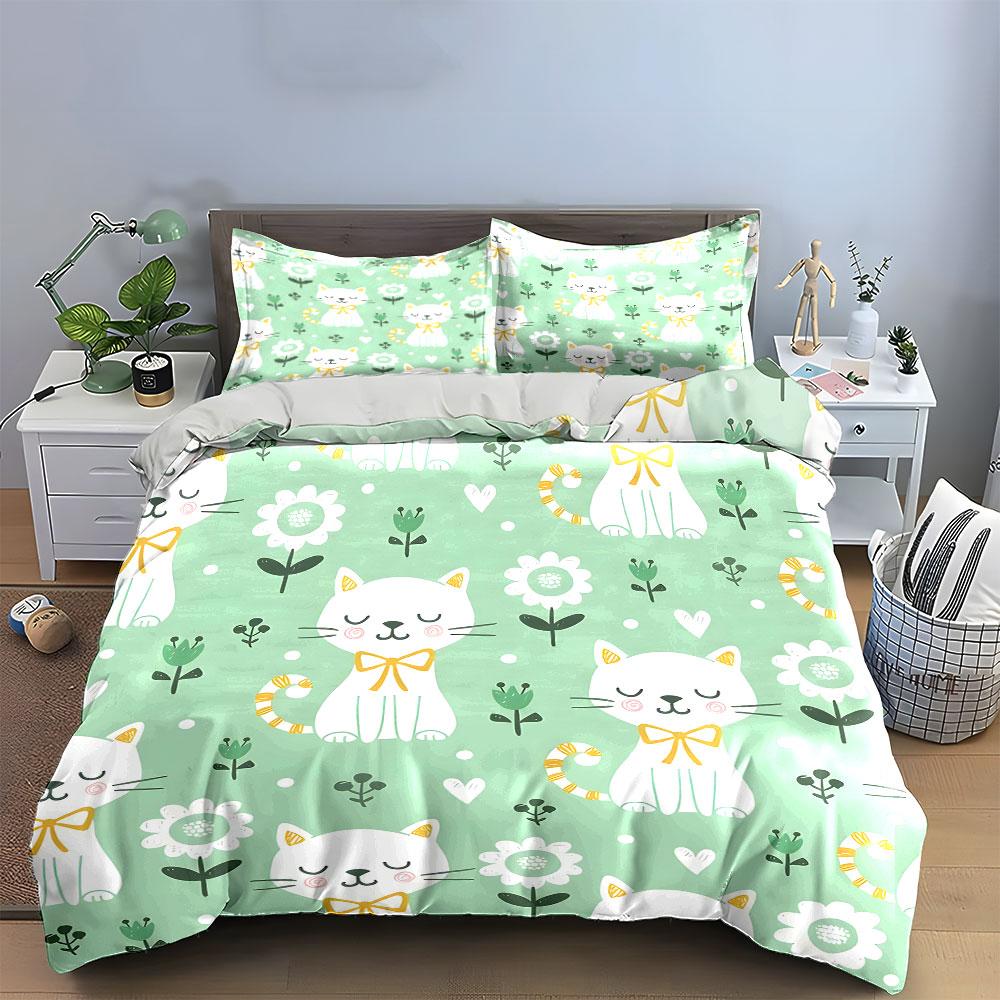 Cute Cats and Flowers Pattern Bedding Duvet Cover Set (1*Duvet Cover 2*Pillowcases, Without Duvet Insert)