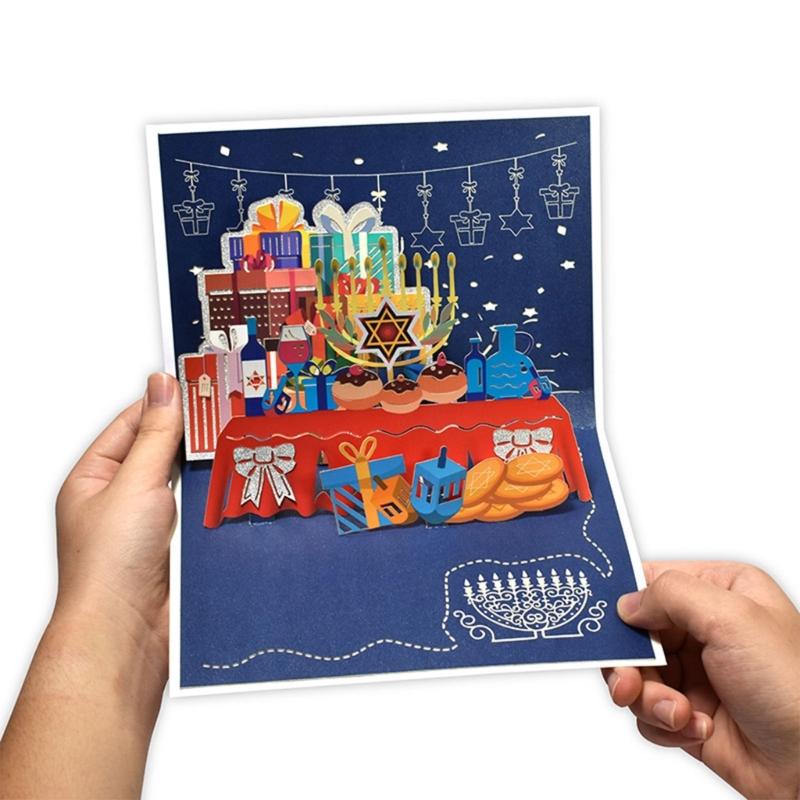 HappyHanukkah 3D Greeting Card for Chanukah Festival Handmade Presents PopUp Menorah Light Gift Card Blessing Cards