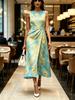 Turquoise with Golden Peacock Feather Printed Round Neck Sleeveless Midi Dress Modern Elegant Casual Fashion Women's Clothing For Spring Summer Autumn