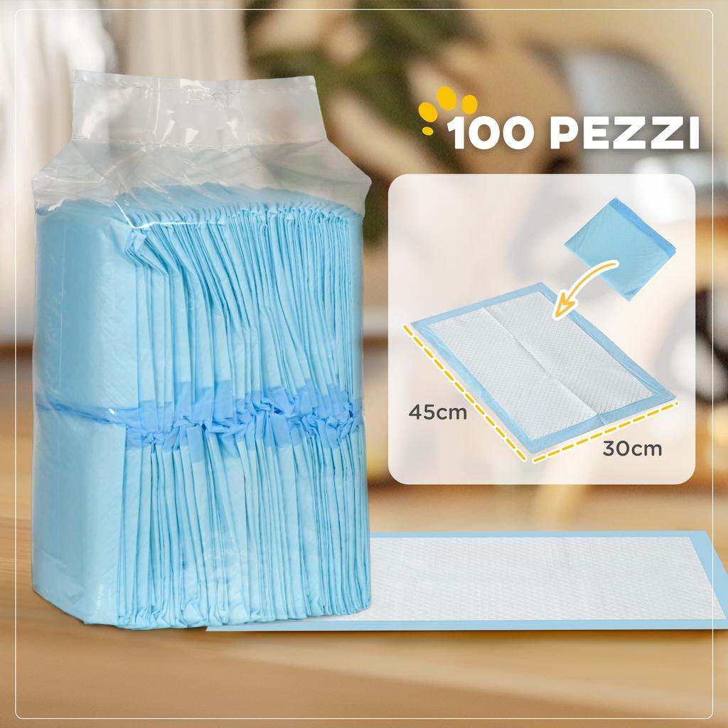 Set of 100 6-Layer Non-Woven, Paper, and PE Dog Toilet Pads, 45 x 30 cm, Blue and White