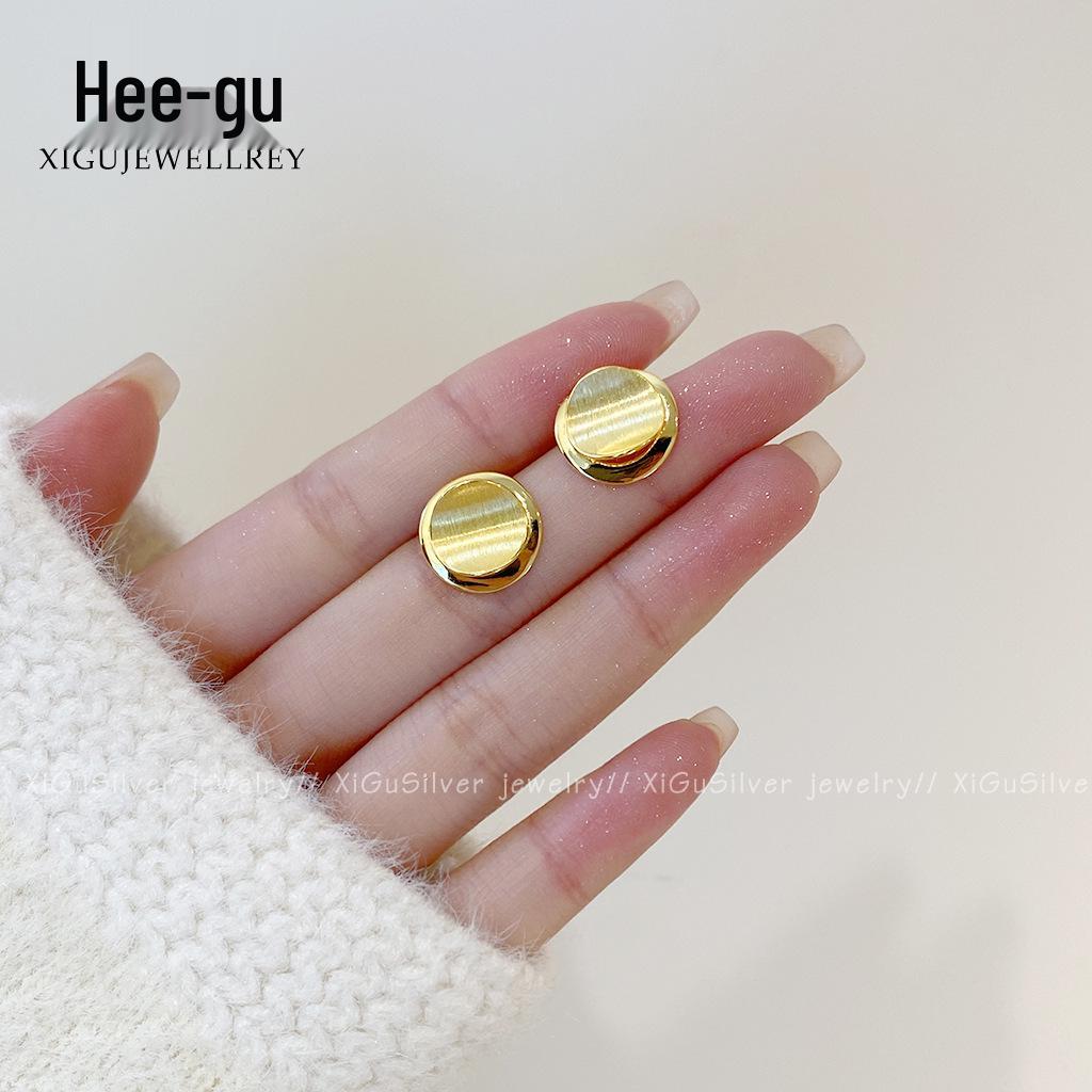 E2369 S925 Sterling Silver Round Brushed Stud Earrings - High-End Geometric Design Round Brushed Stud Earrings