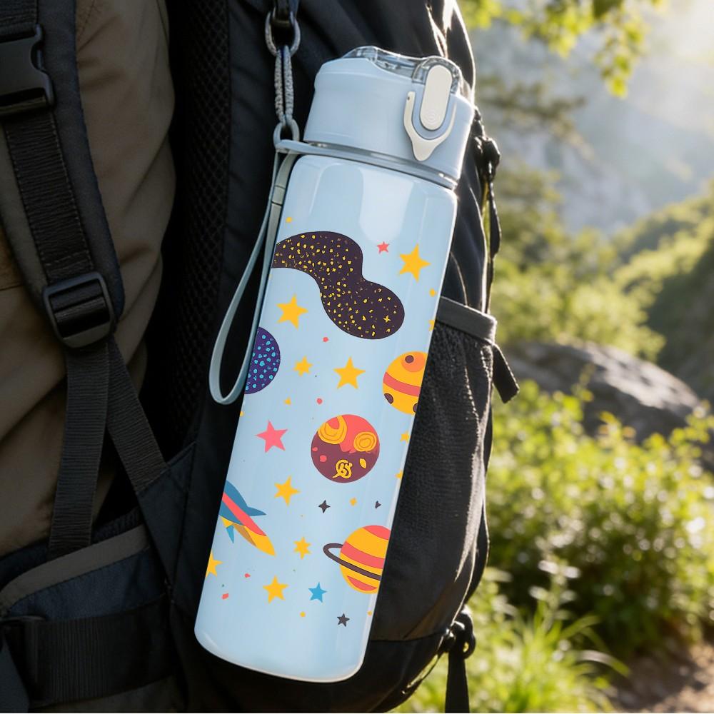 1PC Colorful Planet Space Doodle Print 750ml Color Plastic Sports Water Bottle Leakproof Flip Straw Lid Suitable for Sports Office Home Use