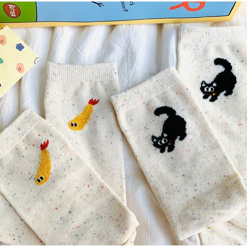 2 Pairs Autumn Vintage Women Cat Fish Printed Socks Cute Cartoon Middle Tube Soft Thermal Warm Crew Sock