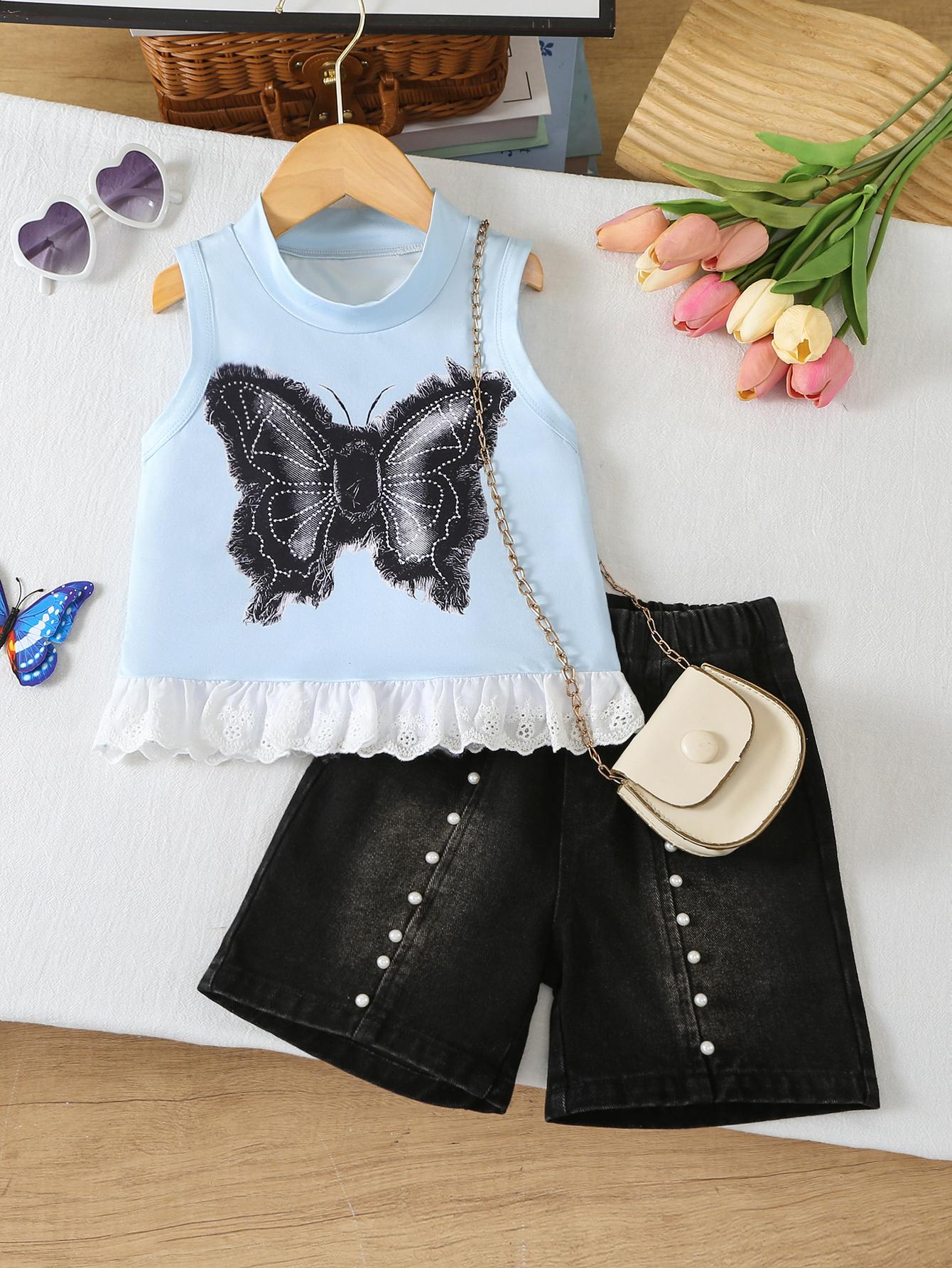 

Girls Two-Piece Outfit: Bow-Print & Lace-Trimmed Tank Top Paired with Pearl-Embellished Denim Bermuda Shorts — Spring/Summer Collection 2-3Y разноцветный