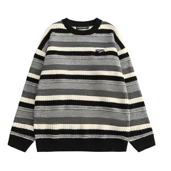 Unisex Striped Crew Neck Knitted Sweater - Autumn/Winter Trend, Hong Kong Style, Loose Fit, Versatile and Cozy.