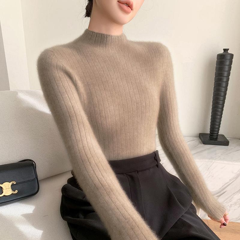 Premium Cashmere Rib-Knit Women's Slim-Fit Warm Sweater - Semi-High Neck, Thickened for Autumn & Winter.