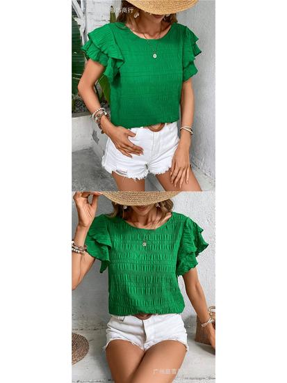 Women's Summer Double-layer Ruffled Sleeve Round Neck Pullover T-shirt