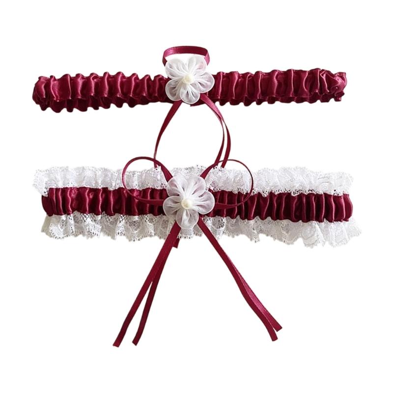 2Pcs Trimmed Lace Bowknot Bridal Garters Set for Engagement Party Accessory Gift