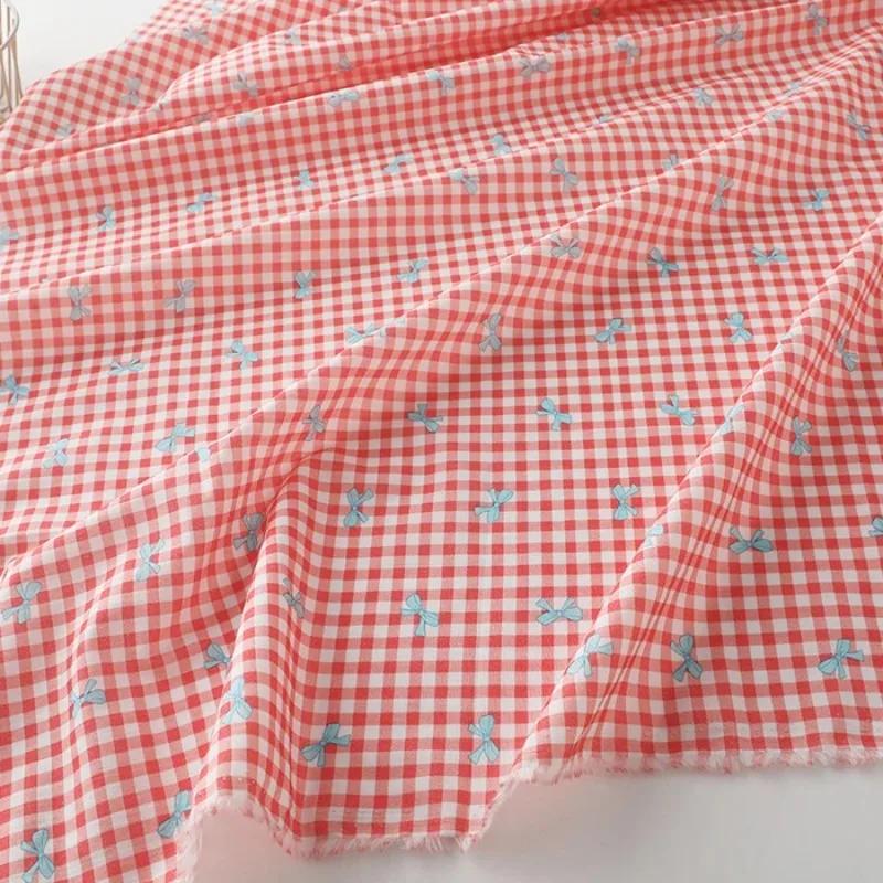 Bunt karierter Baumwollstoff mit Schleifendruck für Kleider, Hemden, Schlafanzüge, Homewear, Kinderbekleidung, 140x100cm