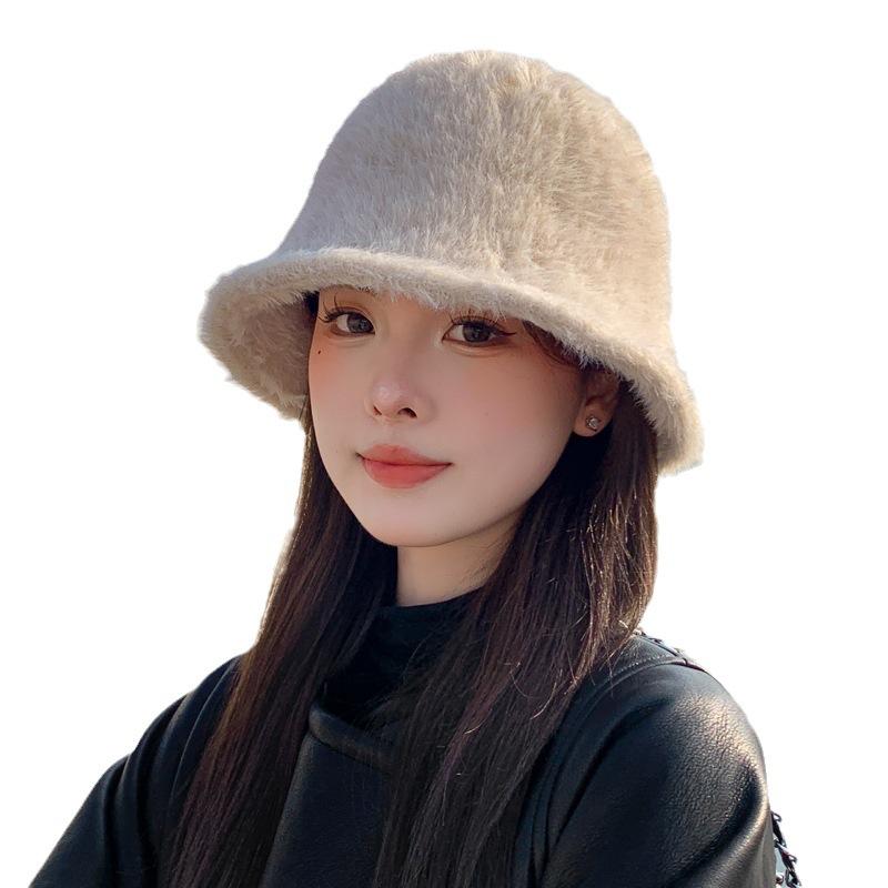 Autumn and Winter New Hat Women's Bucket Hat Solid Color Versatile Plush Warm Bucket Hat Tide