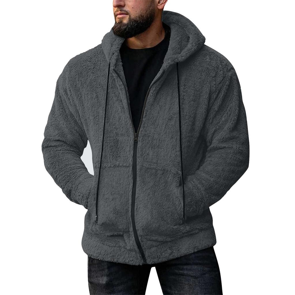 Men's Double-sided Plush Cardigan Zipper Hat Thermal Jacket Solid Coat