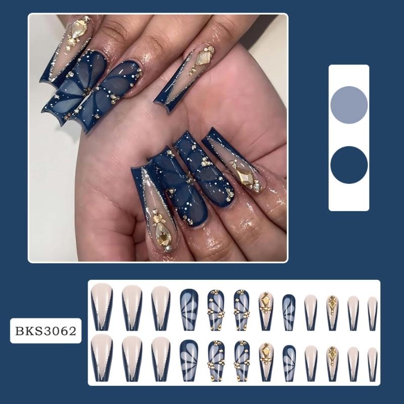 24pcs False Nail Long Square Stick on Nail With Rhinestones Designs Press on Nail Manicure Nail Decors For Trendy Women