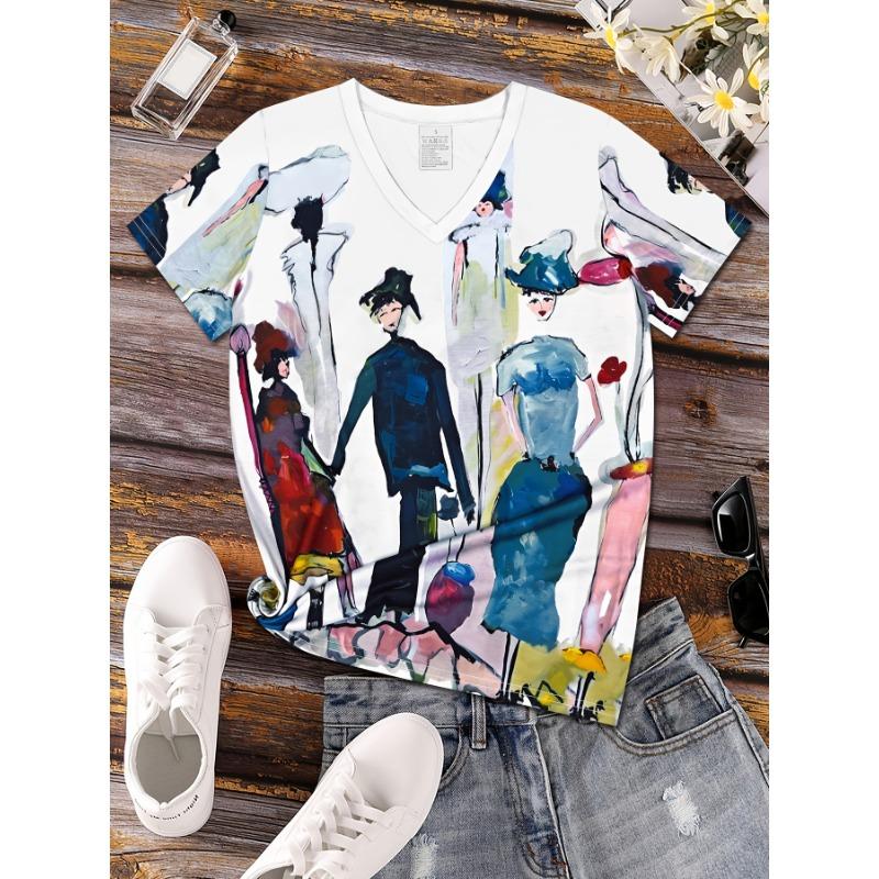 Summer V-neck 3D Art Facial Pattern Printed Top Fashionable Casual Short Sleeved Women's T-shirts