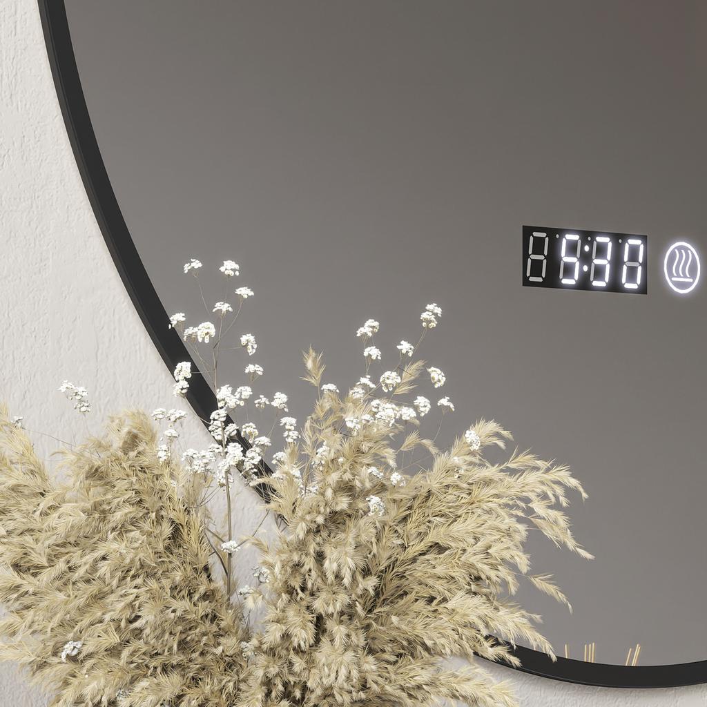 Round Bathroom Mirror With LED Lighting Dimmable Anti Fog Function Touch Switch Black