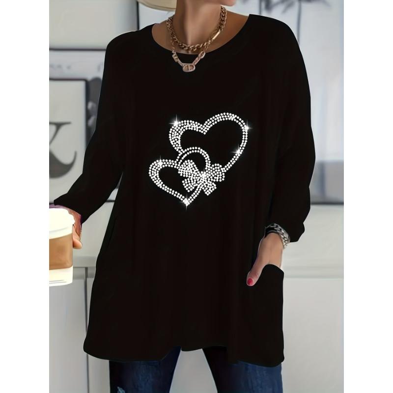 Women's Plus Size Casual Long Sleeve T-Shirt with Rhinestone Heart Design, Side Pockets and Crew Neck - Stretch Polyester