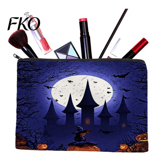 Dark Theme Zipper Bag Storage Bag, with Halloween Witch Castle Print, Large Printed Canvas Organizer Capacity Cosmetic Organizer, for Travel