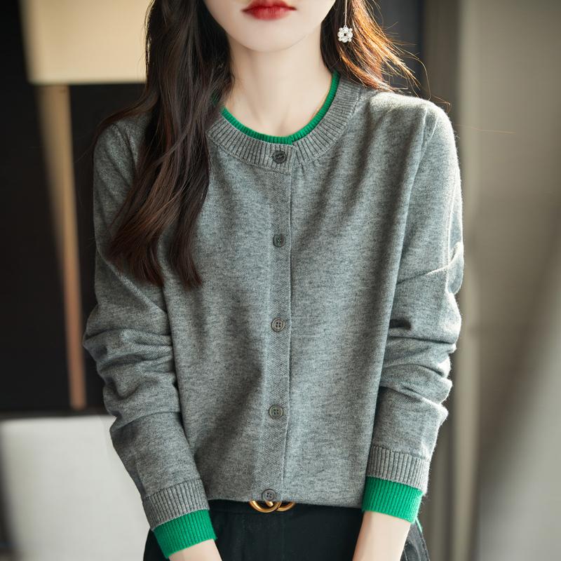 Suéter Cárdigan de Punto de Primavera Otoño Ropa de Mujer Cuello O Patchwork Femenino Manga Larga Tops Tejidos Suéter