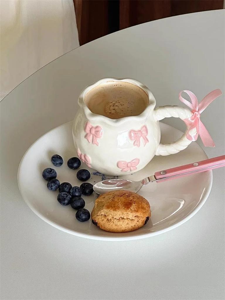 Cute Bow Thickened Ceramic Cup Hand Draw Knot Bow Irregular Mug Cups Coffee Milk Drinks Cup