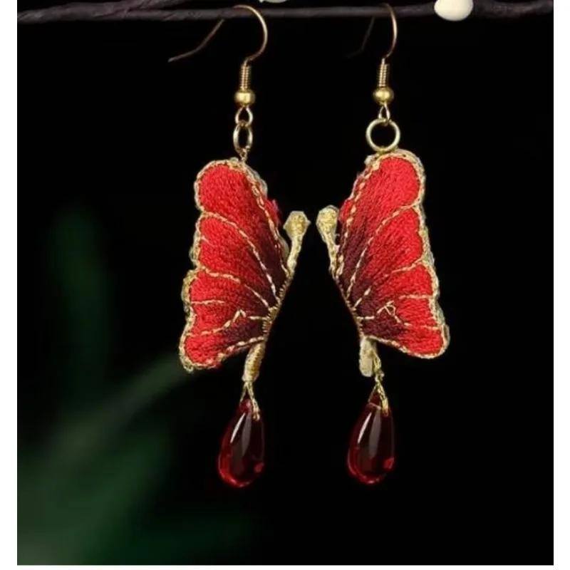 1 Pair Embroidered Butterfly Handmade Earrings Green Water Drops Colored Glazed Nature Stones Earring Green Cheongsam Jewelry