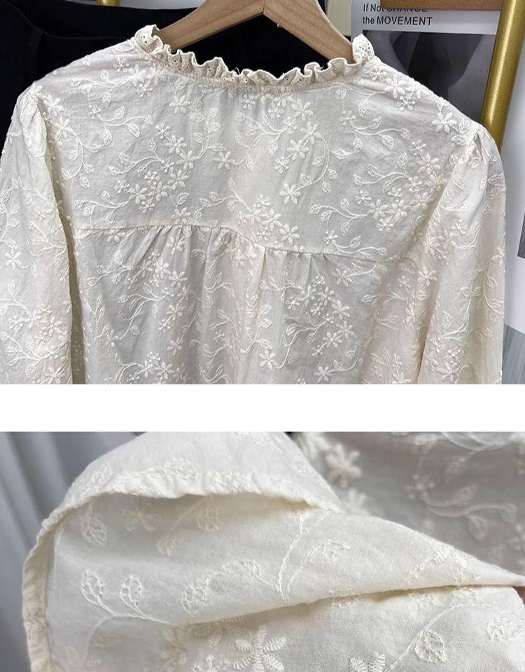 Damen Baumwollhemd mit langen Ärmeln, hoher Qualität, mit Spitzenkragen und Stickerei - Koreanischer Stil für Frühling & Herbst