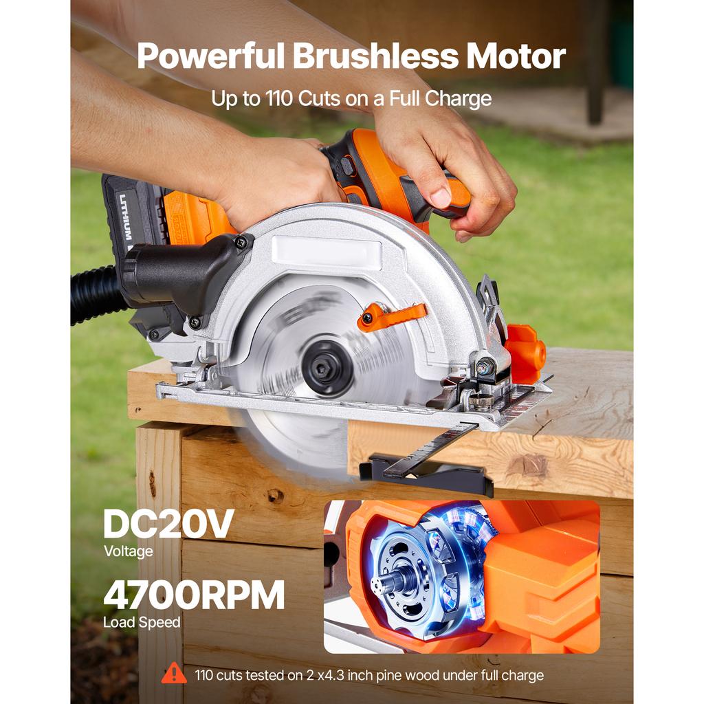 SucceBuy Cordless Circular Saw 4700 RPM 6-1/2 inch Blade 0-45 Degree Bevel Brushless Motor with LED Light Battery and Charger