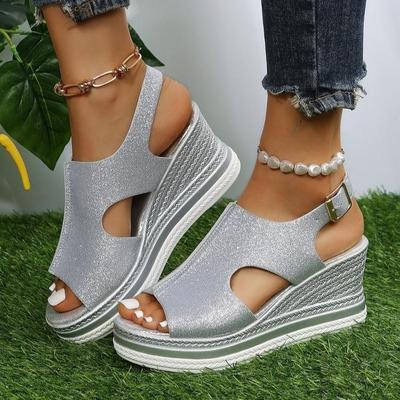 Roman Style Slope Heel Thick Sole Hollow Fish Mouth Sandals Casual Wedges Sandals Peep Toe Women Summer Beach Sandals