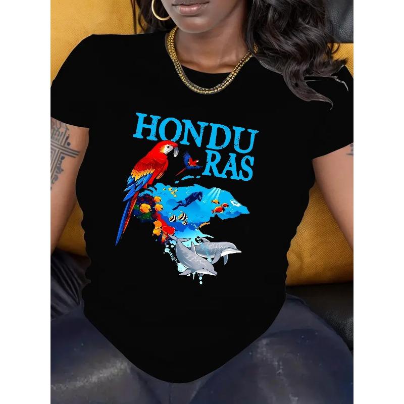 European size Women'S Short-Sleeve Round-Neck T-Shirt with a Honduras Parrot Print