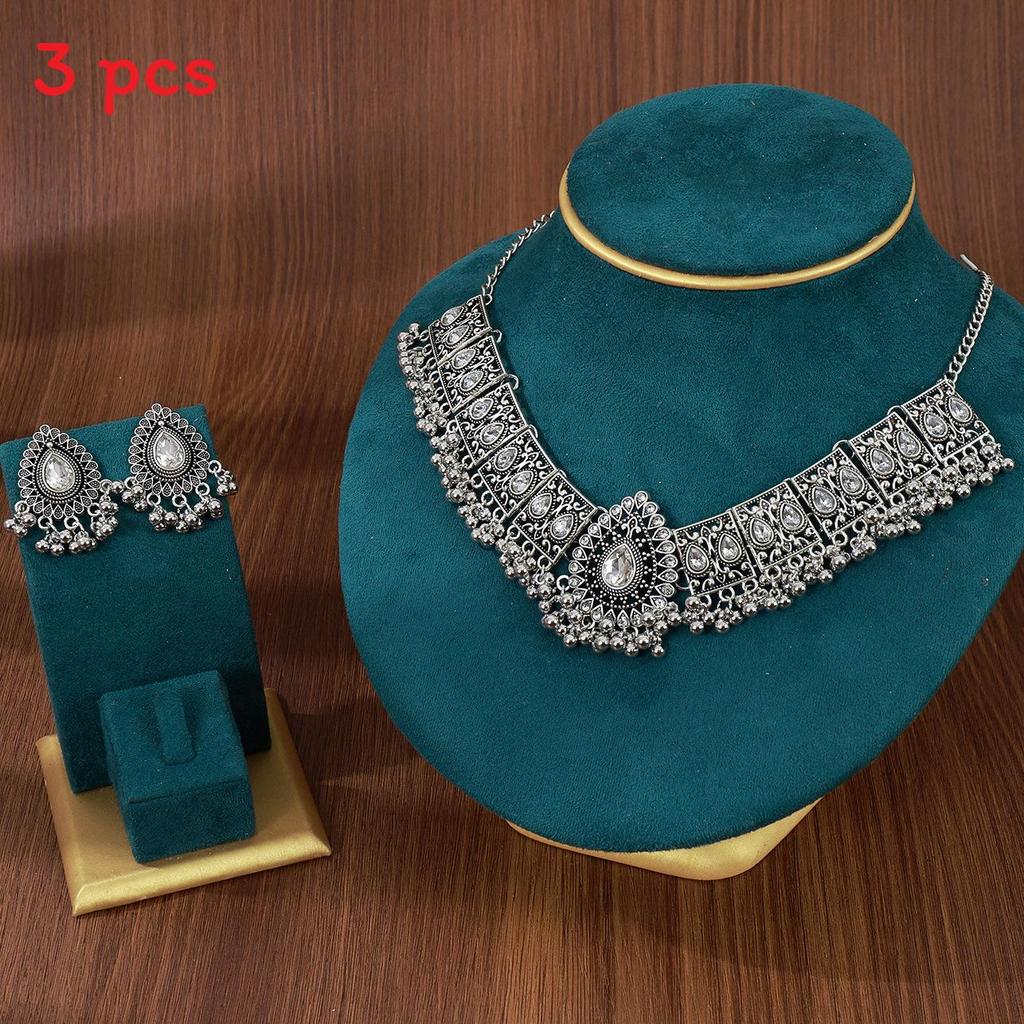 Water Drop Pendant Necklace And Earrings Set With Rhinestones For Women