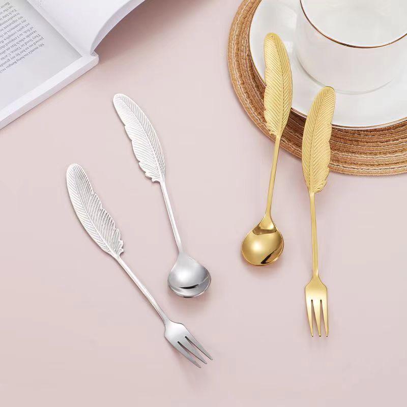 1Pcs Creative 304 Stainless Steel Spoon Feather Spoon Fork Coffee Spoon Christmas Gifts Kitchen Accessories Tableware Decoration