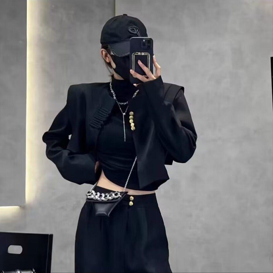 Dámský čínský retro dvoudílný set: Pánská bunda s dlouhým rukávem a kalhoty s vysokým pasem