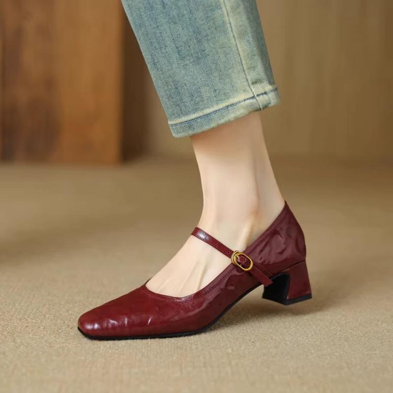 Skinny Little Square Head! Leather Light Mouth Single Shoes Women's Thick Heel Retro Mary Jane Shoes Burgundy Middle Heel Leather Shoes