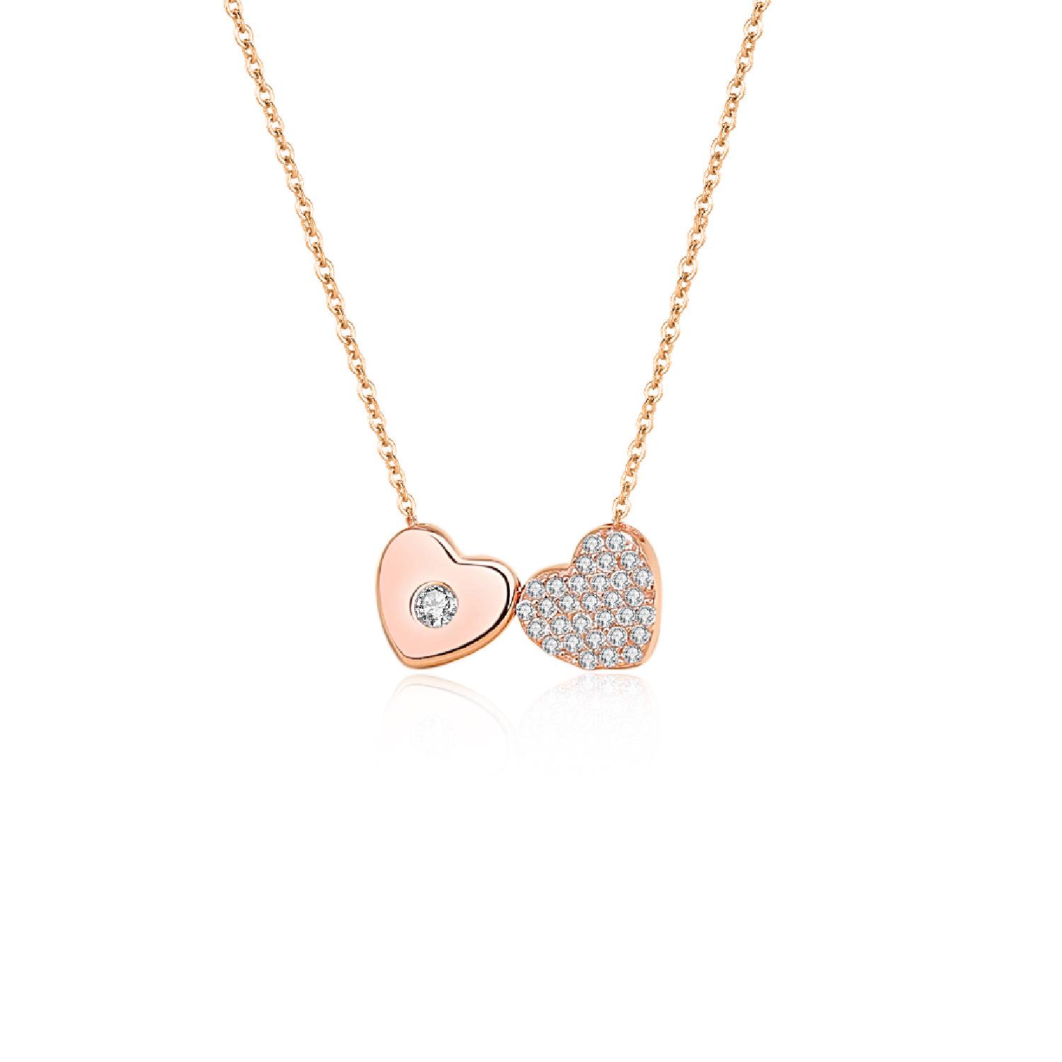 

S925 Silver Heart-to-Heart Double Heart Diamond Necklace - Women s Popular European & American Niche Design Clavicle Chain Pendant 925 Silver рожевий колір золота