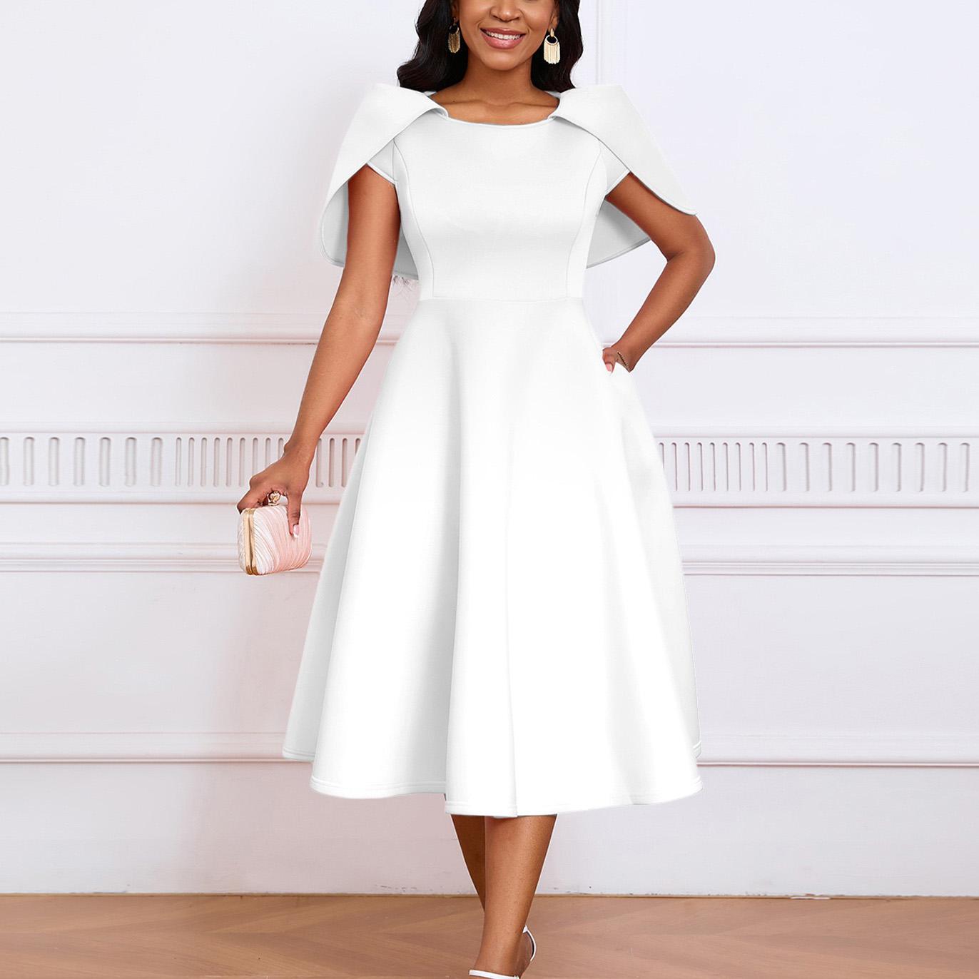 

Solid Color Party Dresses for Woman O Neck Cloak Sleeve High Waisted A Line Dress Elegant Plus Size Xxxl Vestidos Mujer Dress XXXL білий