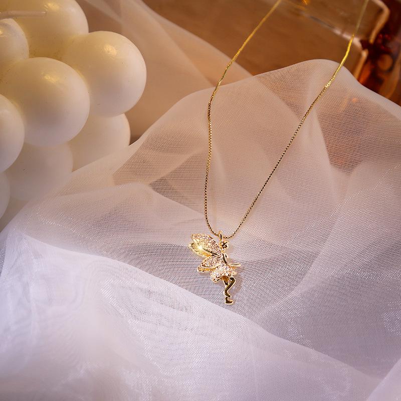 Real Gold Plated Zircon Elf Angel Necklace - Cute, Korean Style, 2024 Women's Trend