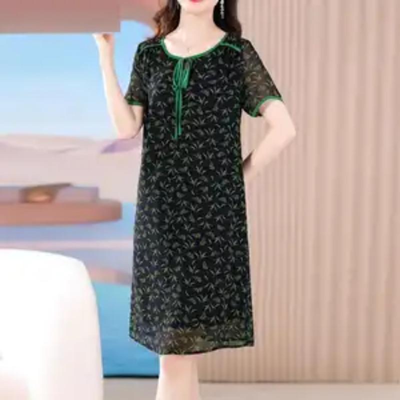 

Womens Floral Print Crew Neck Tie-Front Short Sleeve Midi Dress L зелёный