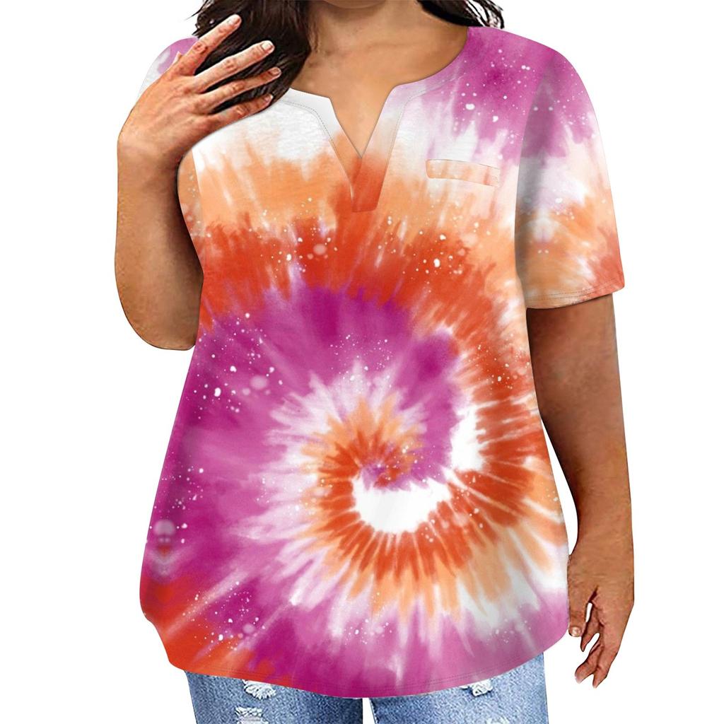 T-shirt décontracté à manches courtes et col en V pour femme, grande taille, imprimé tie-dye, avec poches