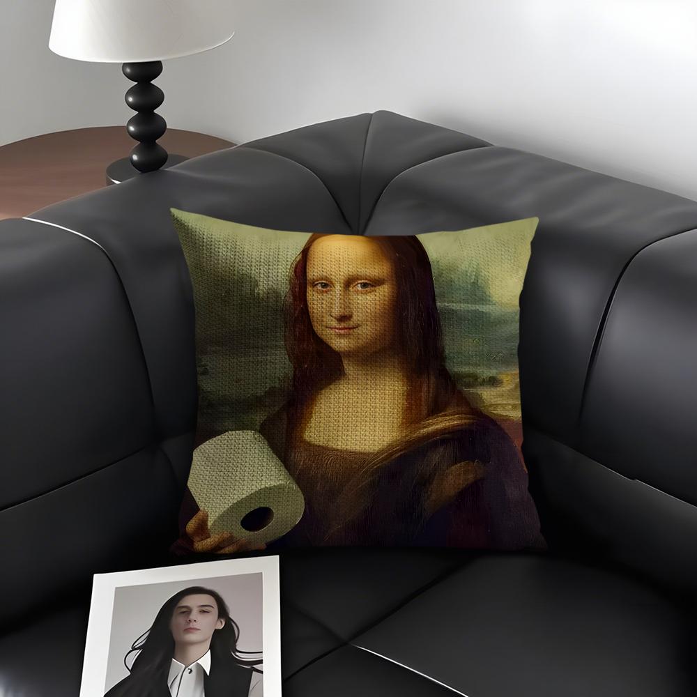 Copricuscino Mona Lisa con Perle Ragazza Lino Naturale Tessuto Biologico Stampa Double-Sided Divano Decorazione Casa Federa Regalo