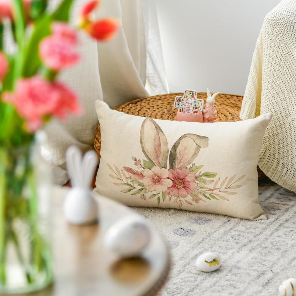 AVOIN Colorlife Happy Easter Throw Pillow Cover, 12 X 20 Inch Rabbit Spring Flower Holiday Party Cushion Case Decoration for Sofa Couch