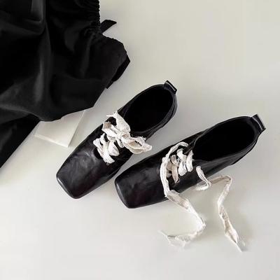 Heavy Industry Handmade Retro Literary Square Head Small Leather Shoes Ballet Style Thick Heel Front Lace-up Single Shoes Women's Spring