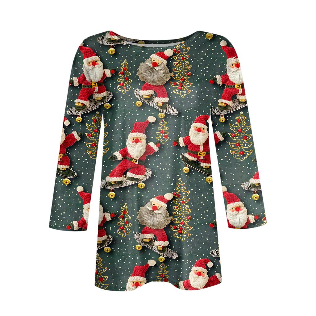 Women's Fashionable Casual Three-Quarter Sleeve Christmas Print Round Neck Top